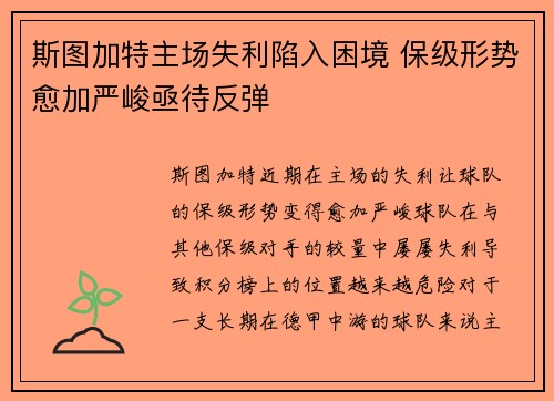 斯图加特主场失利陷入困境 保级形势愈加严峻亟待反弹