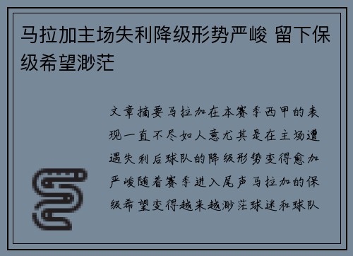 马拉加主场失利降级形势严峻 留下保级希望渺茫