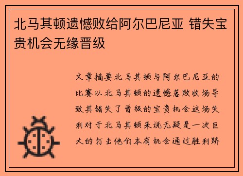 北马其顿遗憾败给阿尔巴尼亚 错失宝贵机会无缘晋级