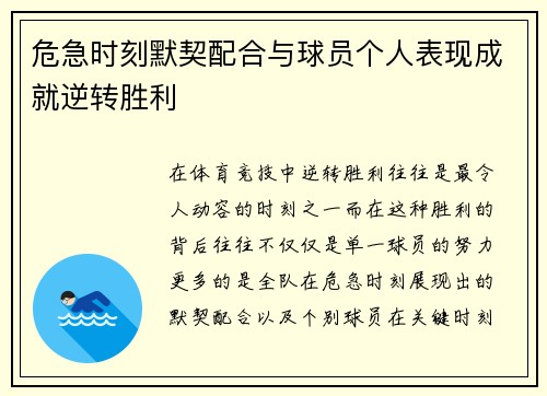 危急时刻默契配合与球员个人表现成就逆转胜利