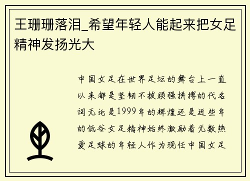 王珊珊落泪_希望年轻人能起来把女足精神发扬光大