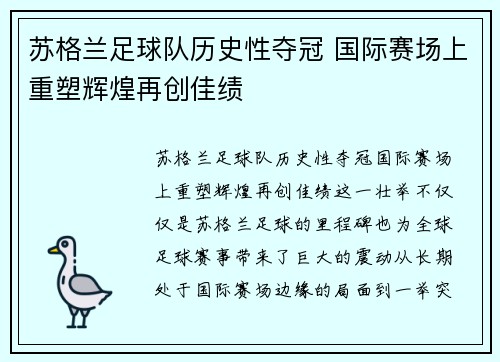 苏格兰足球队历史性夺冠 国际赛场上重塑辉煌再创佳绩