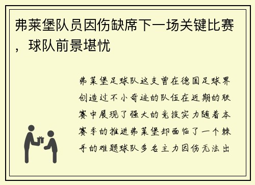 弗莱堡队员因伤缺席下一场关键比赛,球队前景堪忧