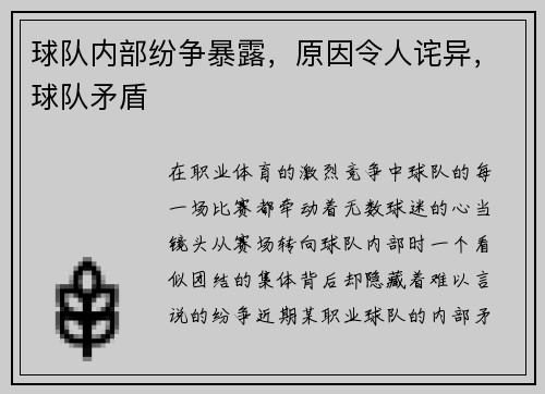 球队内部纷争暴露,原因令人诧异,球队矛盾