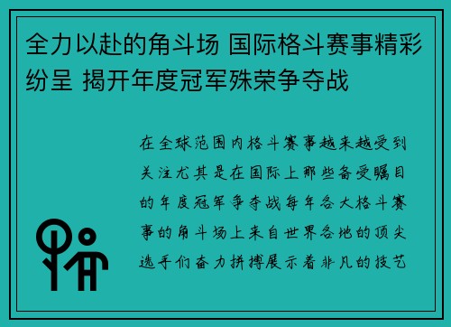 全力以赴的角斗场 国际格斗赛事精彩纷呈 揭开年度冠军殊荣争夺战