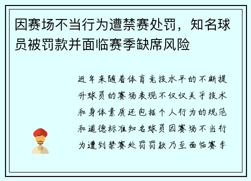 因赛场不当行为遭禁赛处罚,知名球员被罚款并面临赛季缺席风险