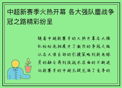 中超新赛季火热开幕 各大强队鏖战争冠之路精彩纷呈